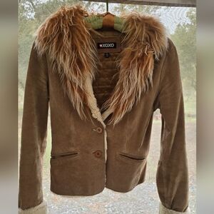 XOXO Women's Tan Blazer with Faux Fur Trim